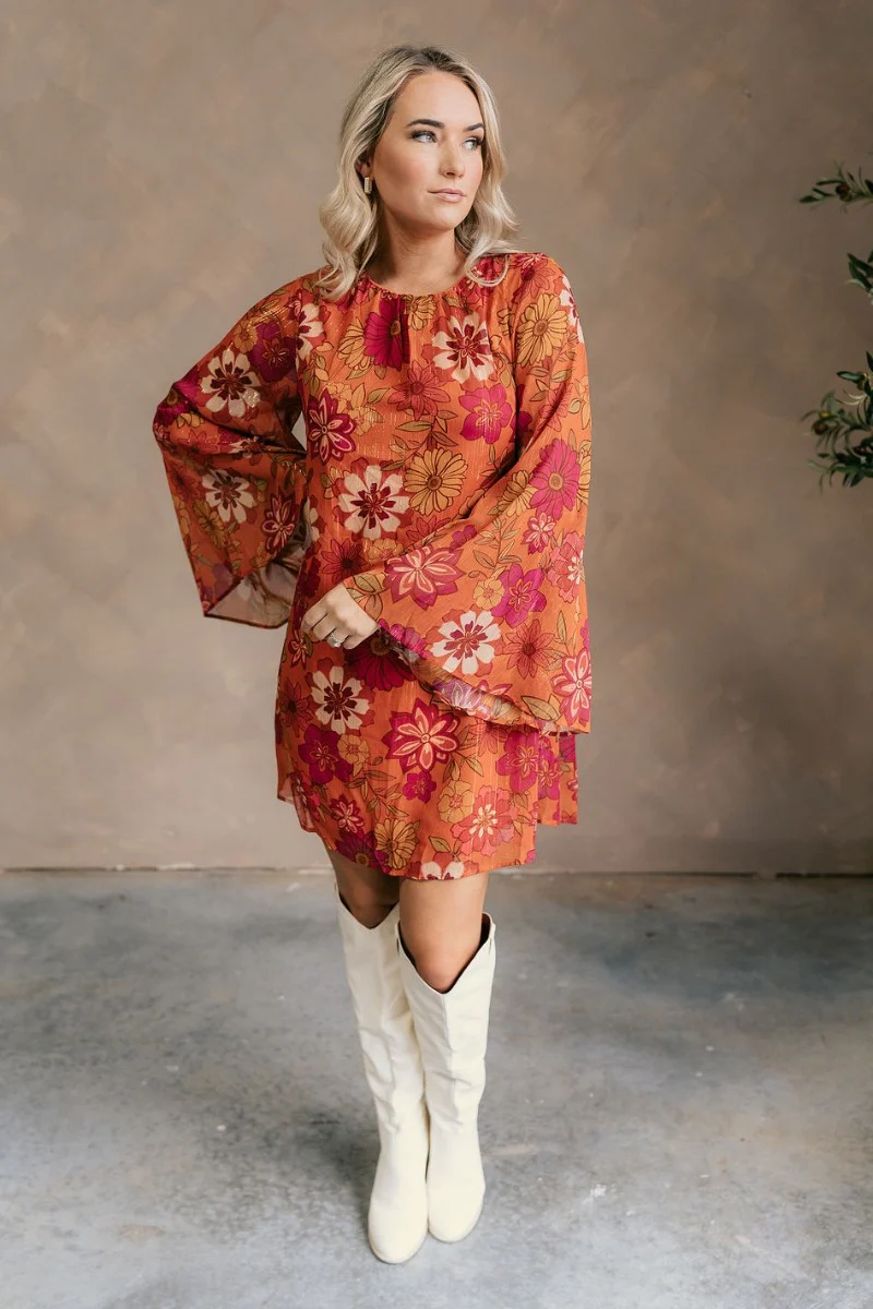 Tabitha Rust Floral Flare Sleeve Mini Dress