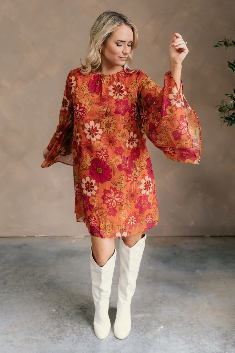 Tabitha Rust Floral Flare Sleeve Mini Dress - Image 2