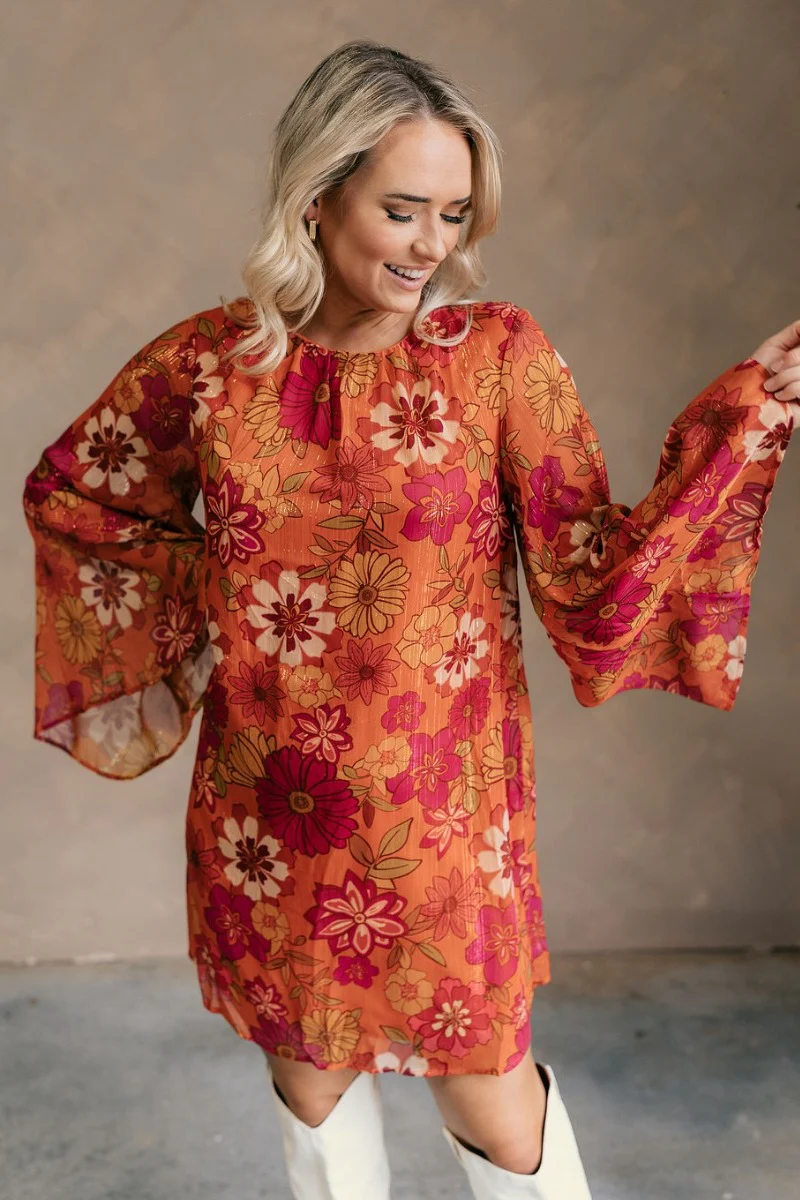 Tabitha Rust Floral Flare Sleeve Mini Dress - Image 3