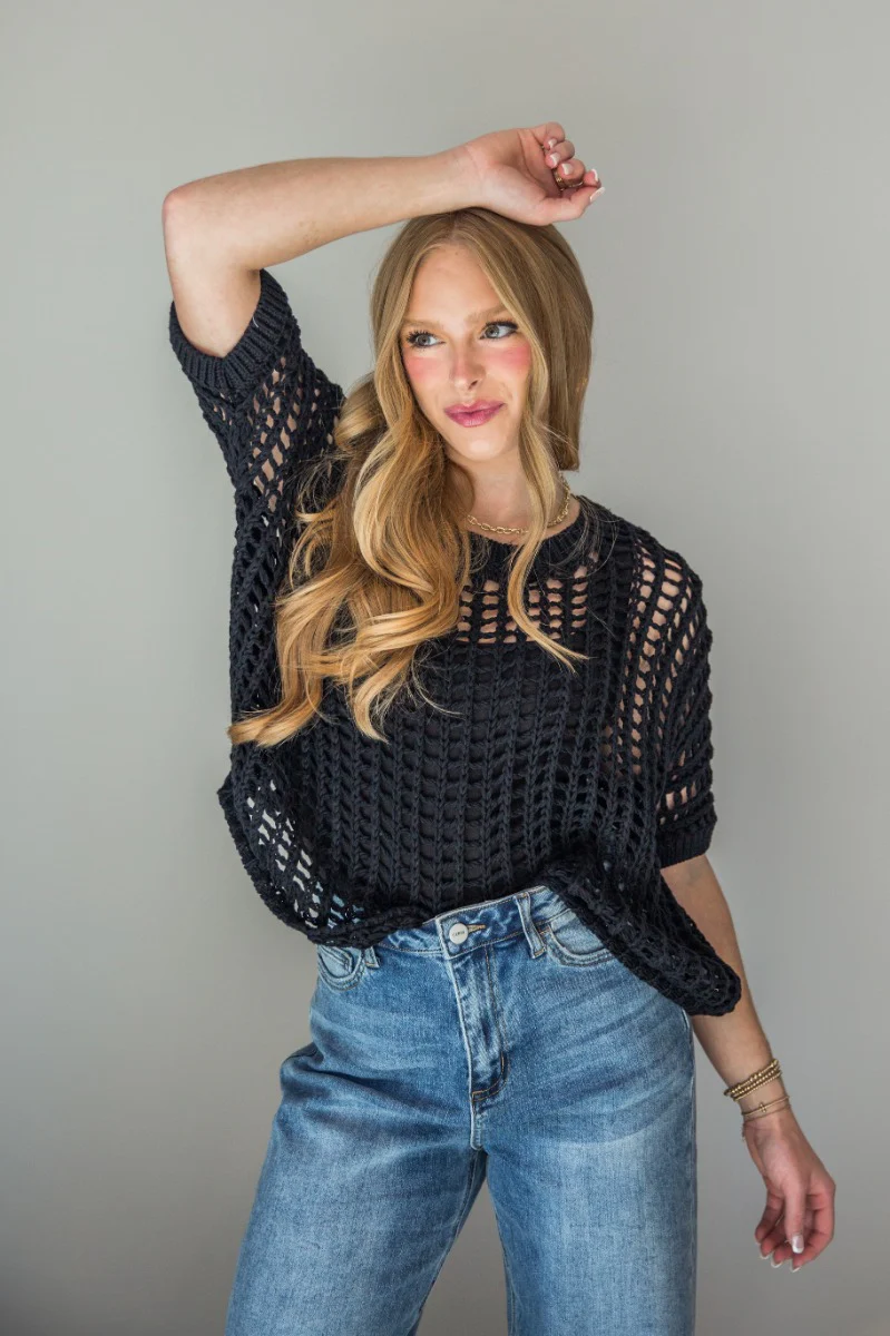 Tatum Black Open Knit Short Sleeve Top