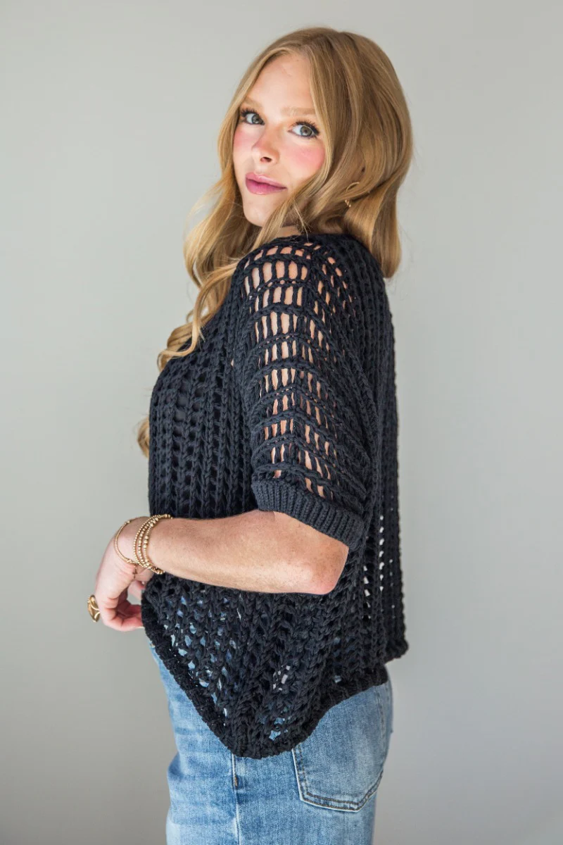 Tatum Black Open Knit Short Sleeve Top - Image 4