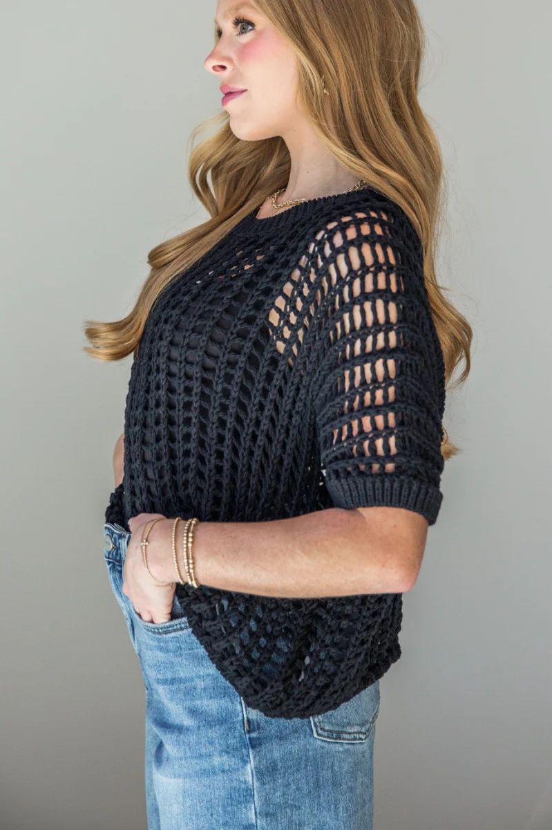 Tatum Black Open Knit Short Sleeve Top - Image 5