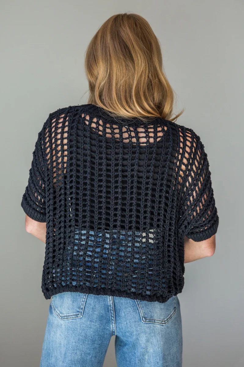 Tatum Black Open Knit Short Sleeve Top - Image 6