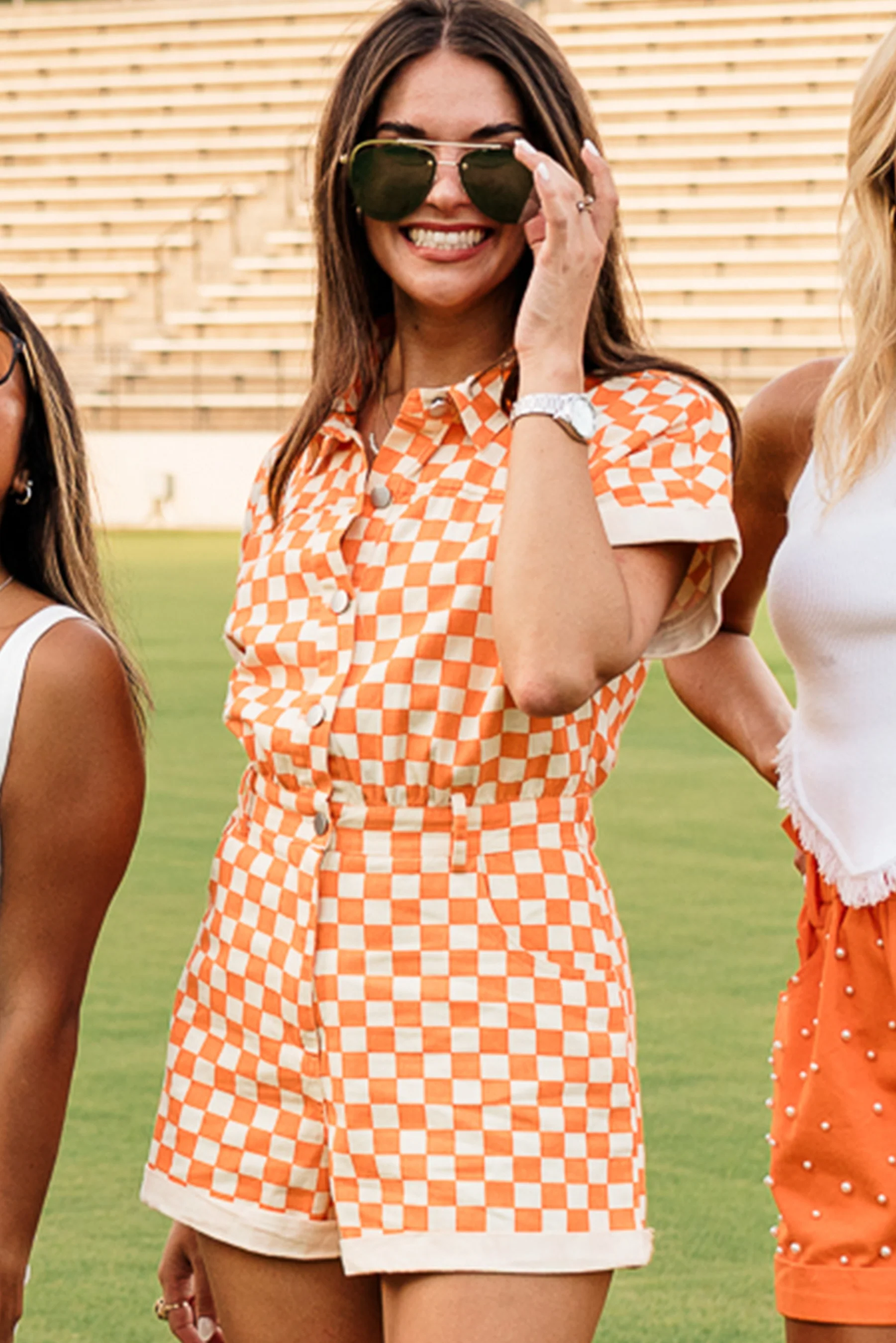 Tatum Orange and Cream Checkered Romper - Image 2