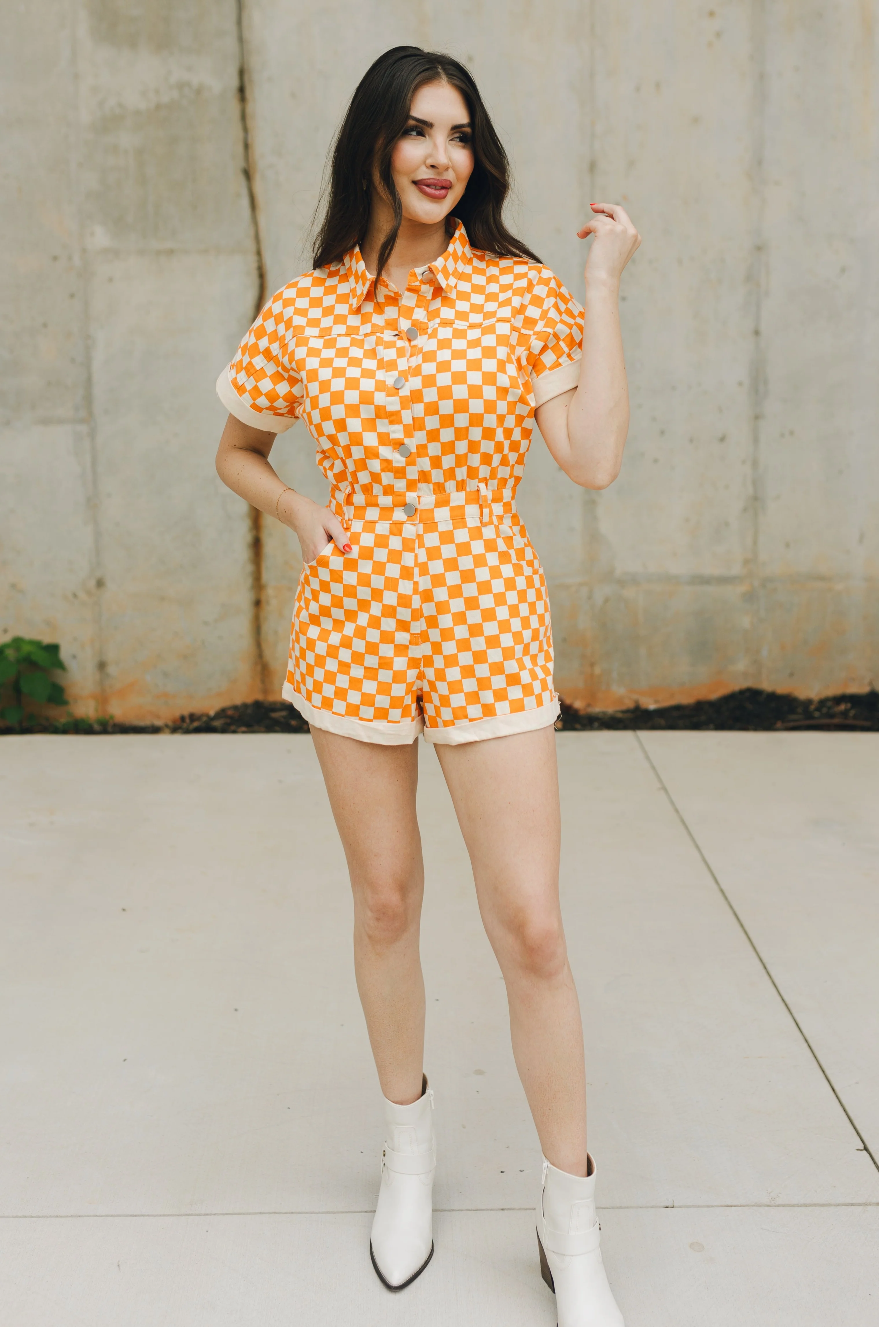 Tatum Orange and Cream Checkered Romper - Image 3