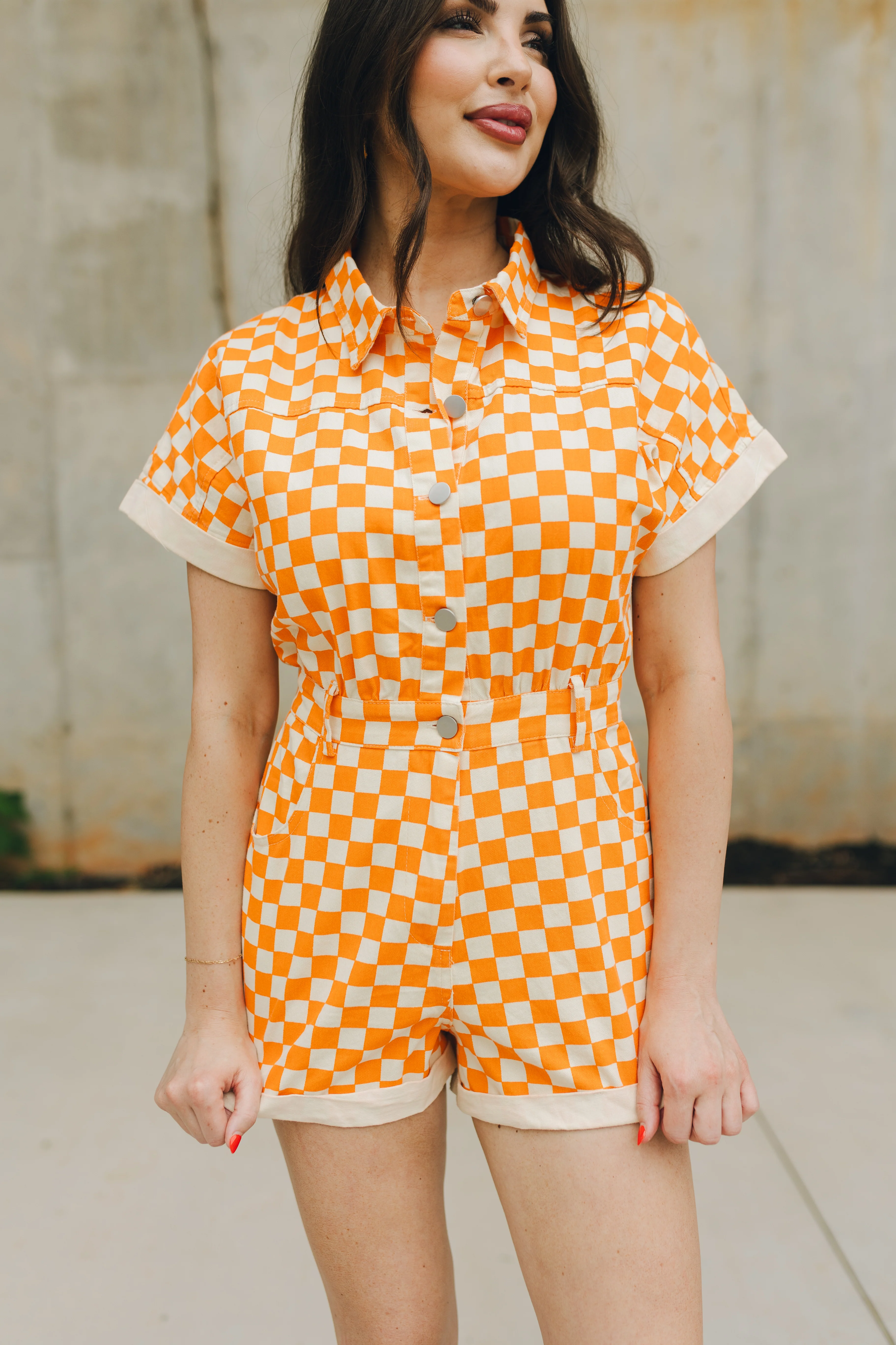 Tatum Orange and Cream Checkered Romper - Image 4
