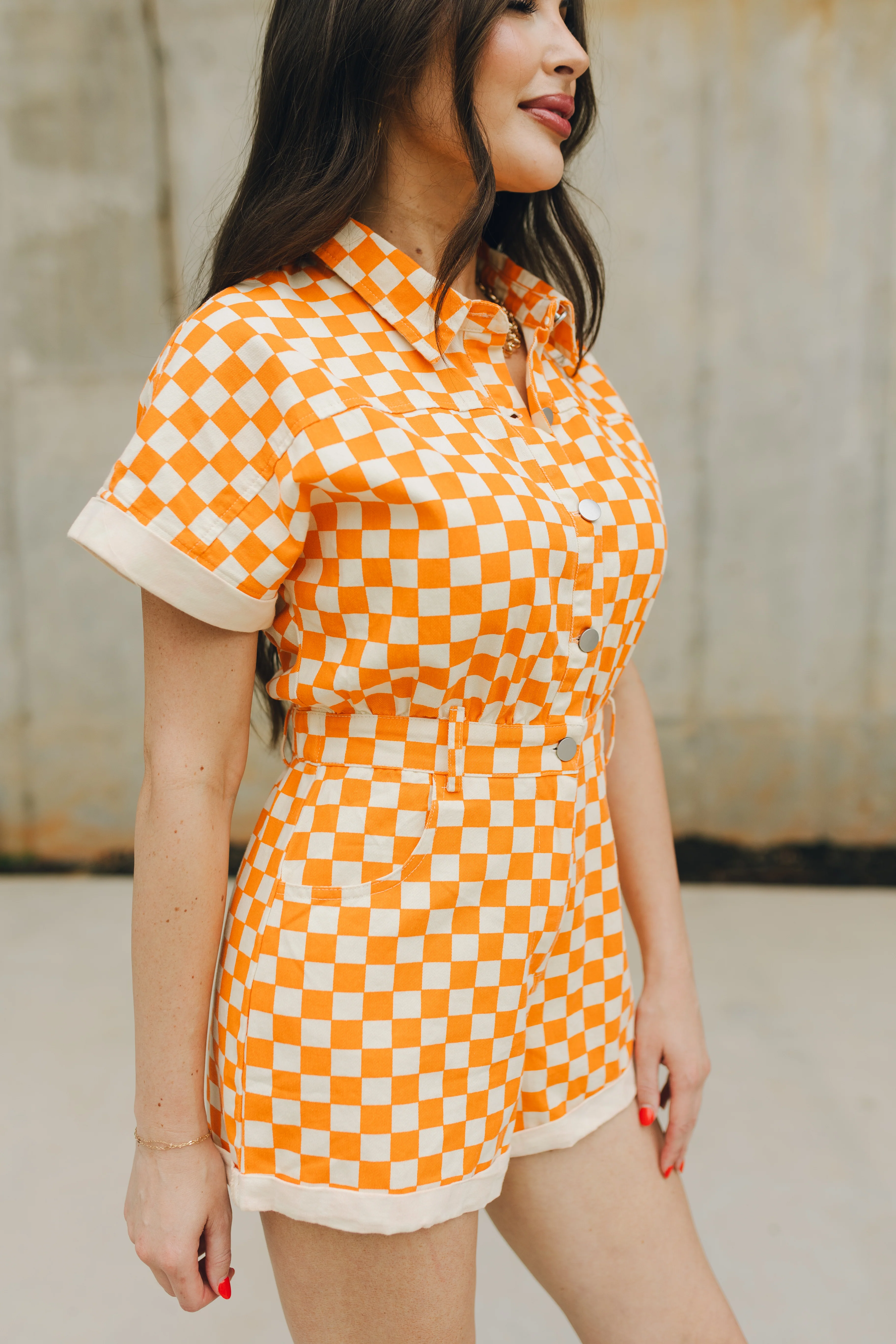Tatum Orange and Cream Checkered Romper - Image 5