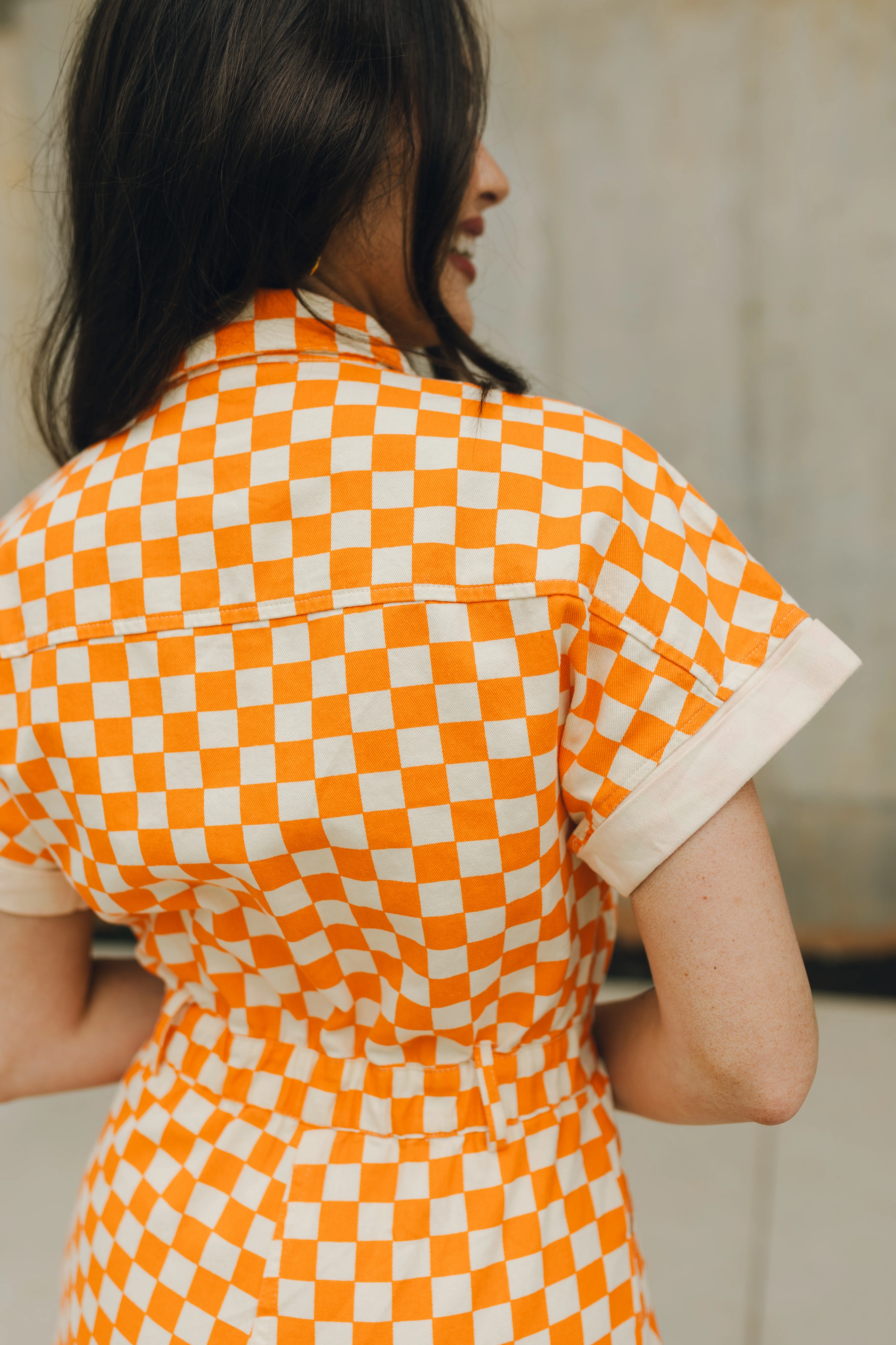 Tatum Orange and Cream Checkered Romper - Image 7