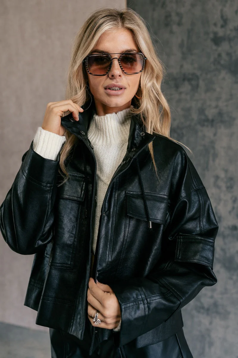 Tessa Black Faux Leather Cargo Long Sleeve Jacket - Image 3