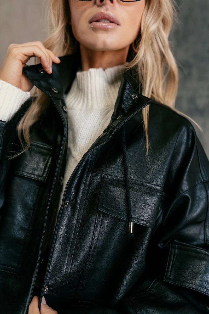 Tessa Black Faux Leather Cargo Long Sleeve Jacket - Image 6