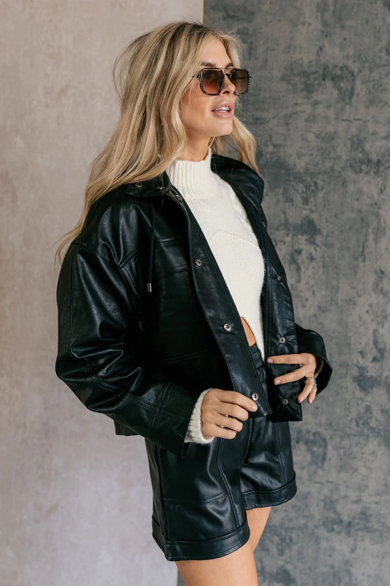 Tessa Black Faux Leather Cargo Long Sleeve Jacket - Image 7