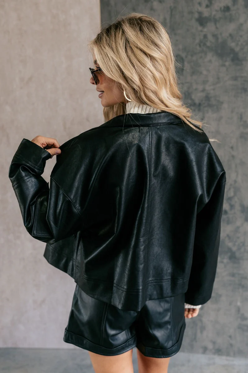 Tessa Black Faux Leather Cargo Long Sleeve Jacket - Image 9