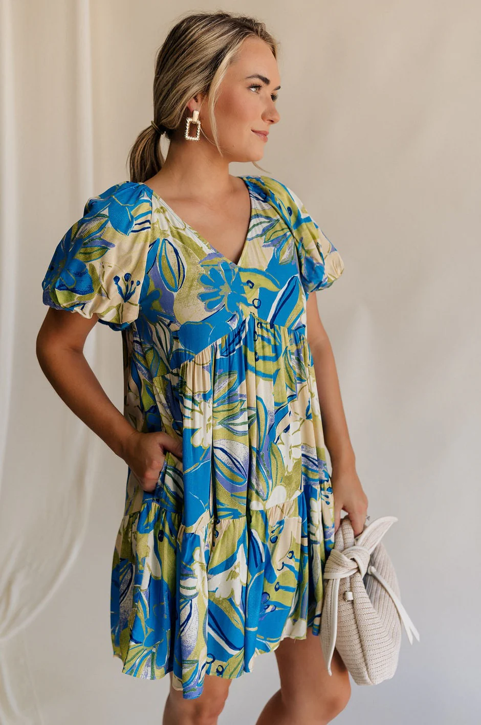 Tessa Blue & Lime Green Floral Mini Dress - Image 4