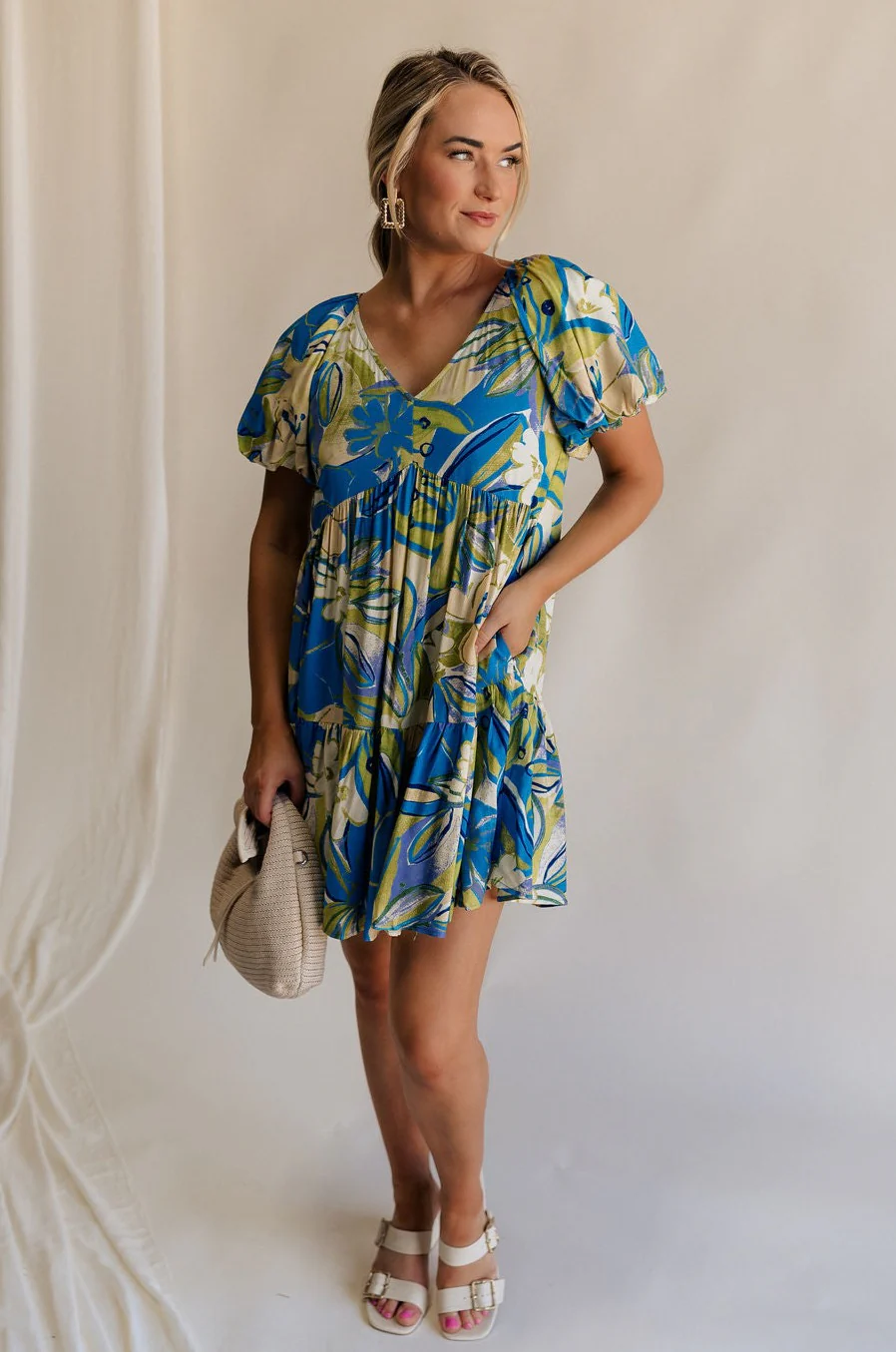 Tessa Blue & Lime Green Floral Mini Dress - Image 5