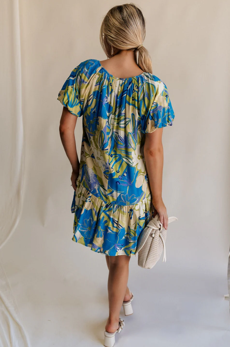 Tessa Blue & Lime Green Floral Mini Dress - Image 9