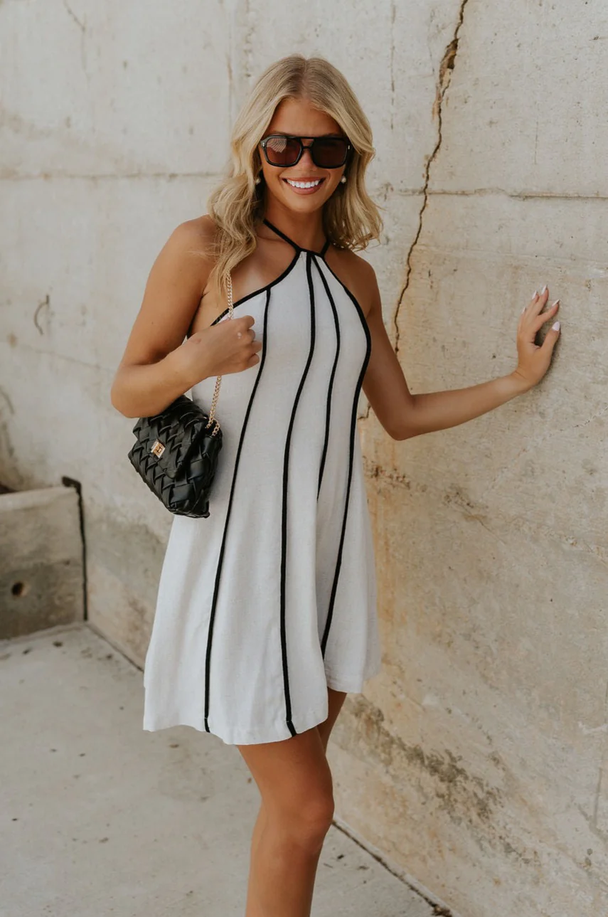 Tessa Natural Linen & Black Trim Mini Dress