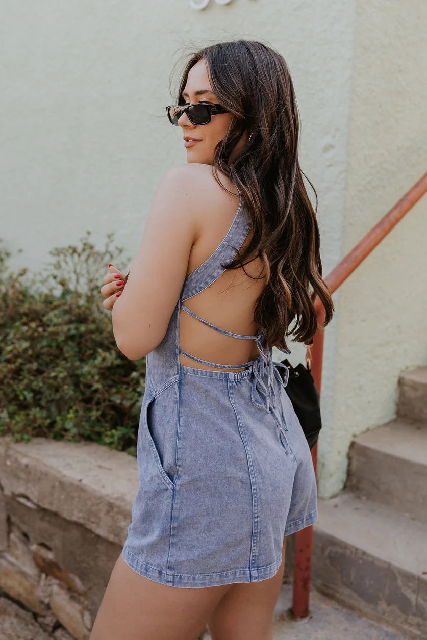 Theresa Washed Denim Adjustable Sleeveless Romper - Image 6