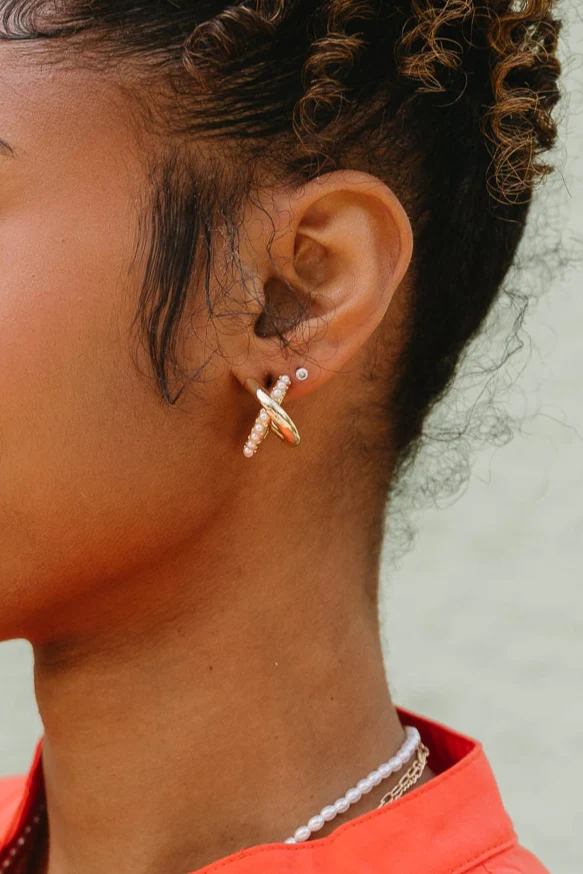 Tiana Gold & Pearl Criss Cross Earrings - Image 2