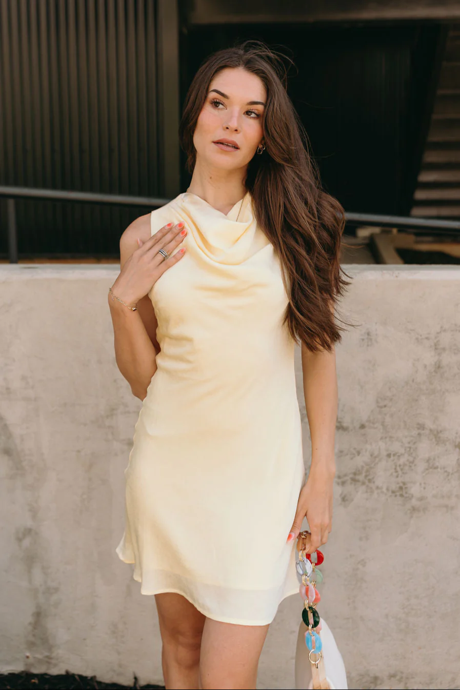 Tiana Yellow Satin Cowl Neck Mini Dress - Image 5