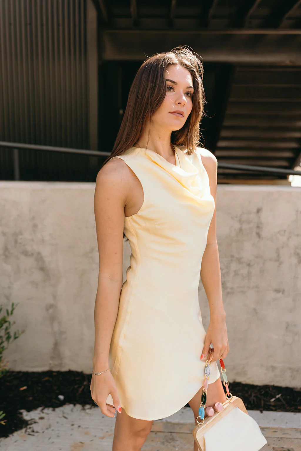Tiana Yellow Satin Cowl Neck Mini Dress - Image 8