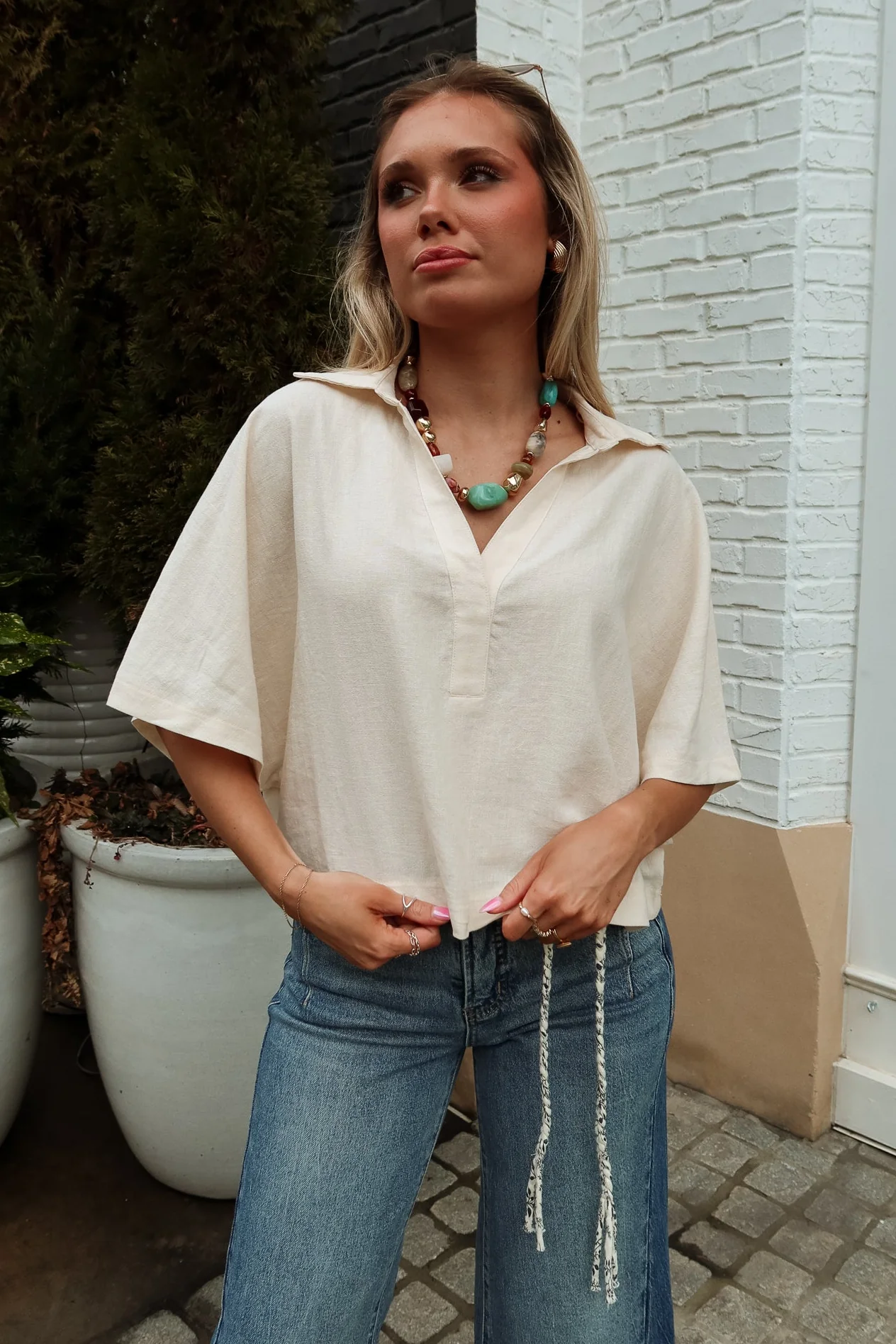 Tinsley Cream Collared Short Sleeve Top - Image 5