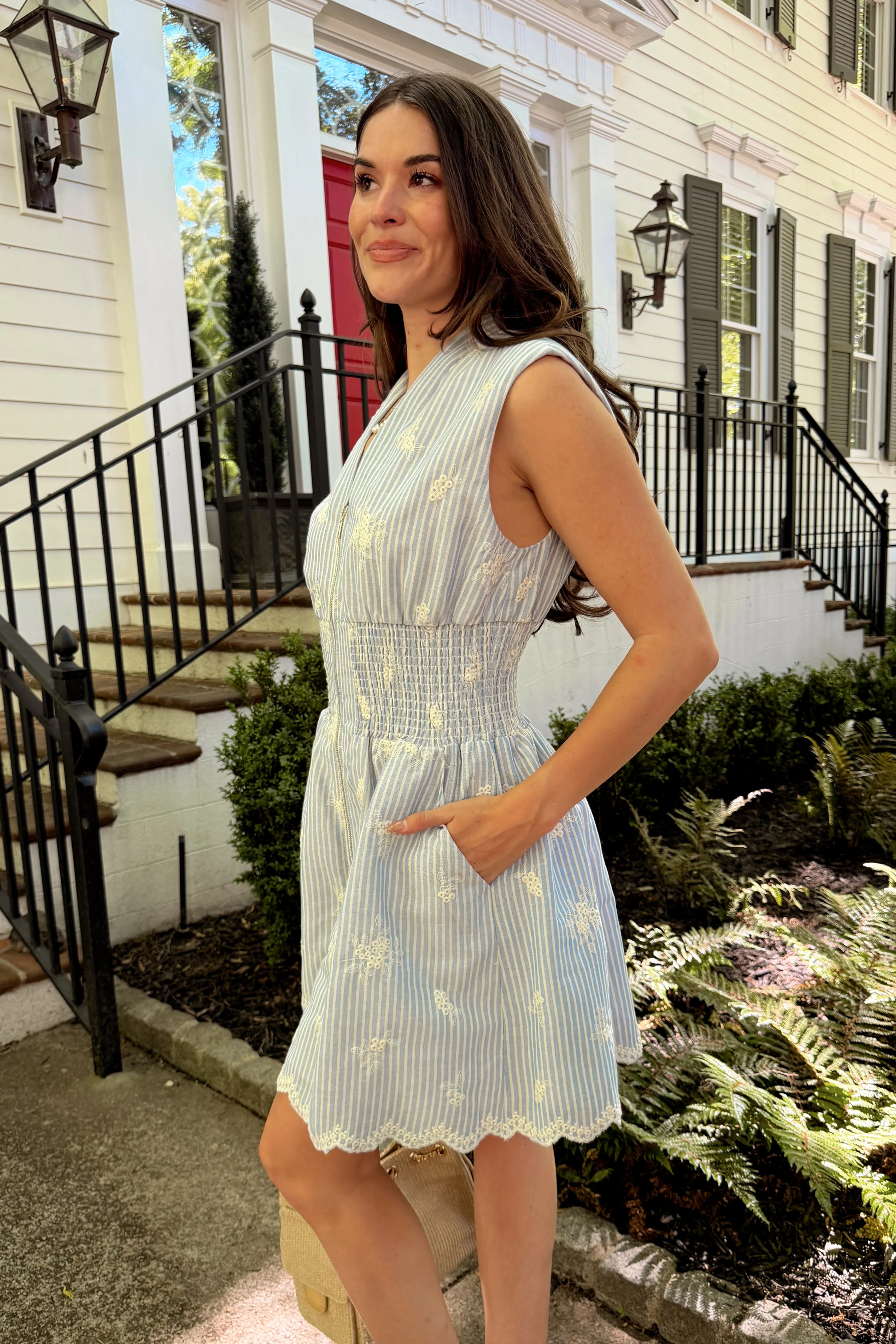 Tori Light Blue Striped Eyelet Mini Dress - Image 3
