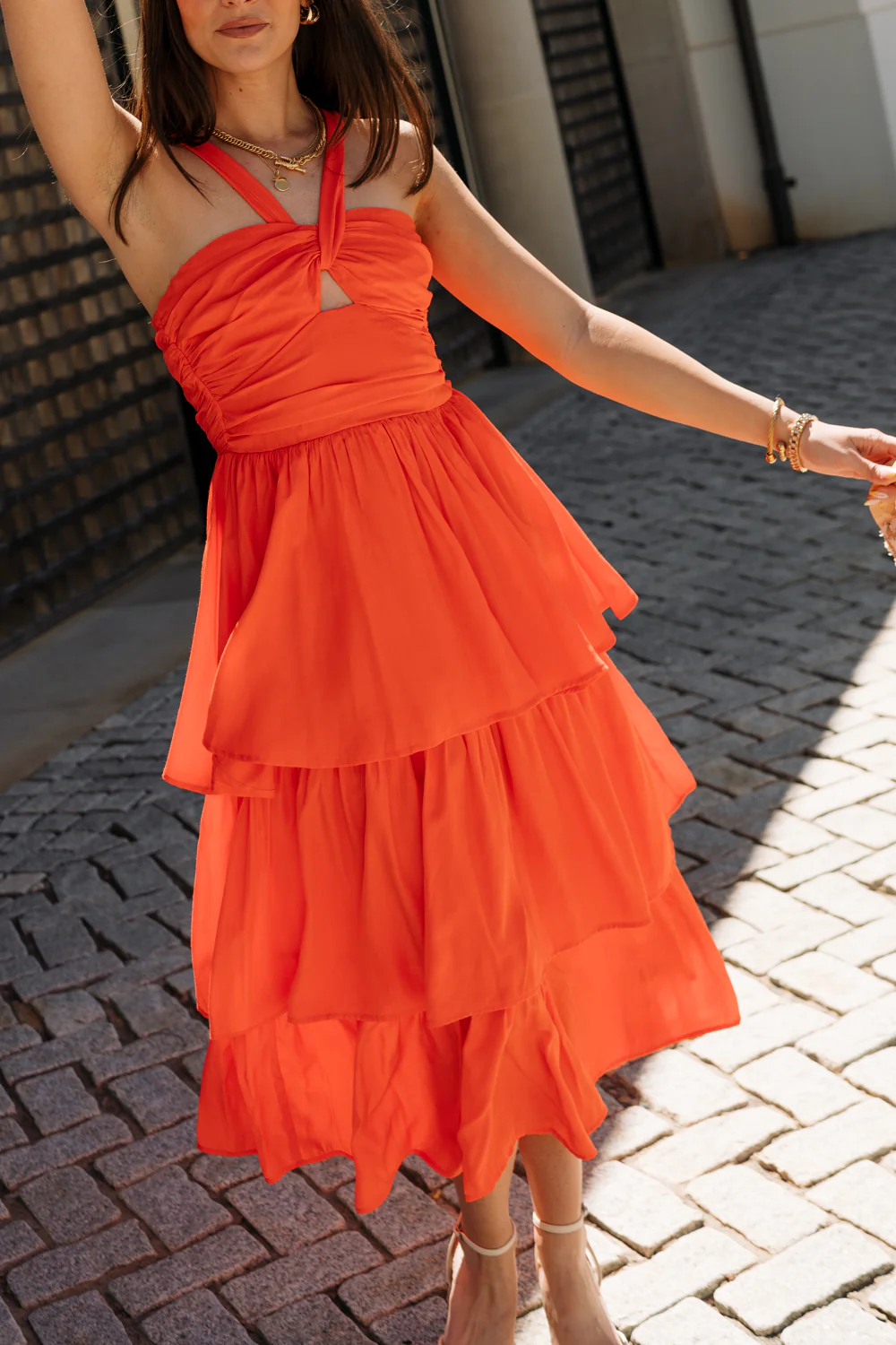 Tori Red-Orange Tiered Halter Midi Dress - Image 3