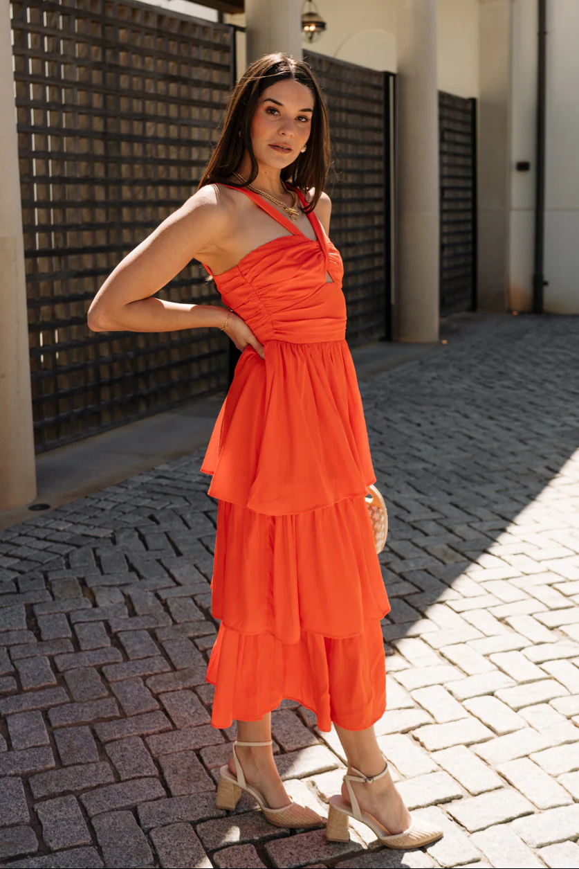 Tori Red-Orange Tiered Halter Midi Dress - Image 5
