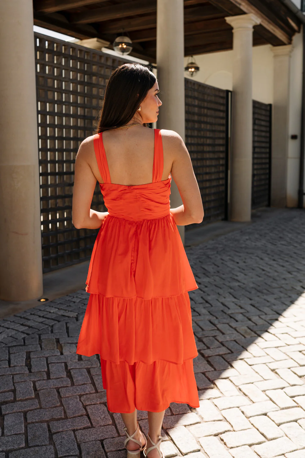Tori Red-Orange Tiered Halter Midi Dress - Image 7