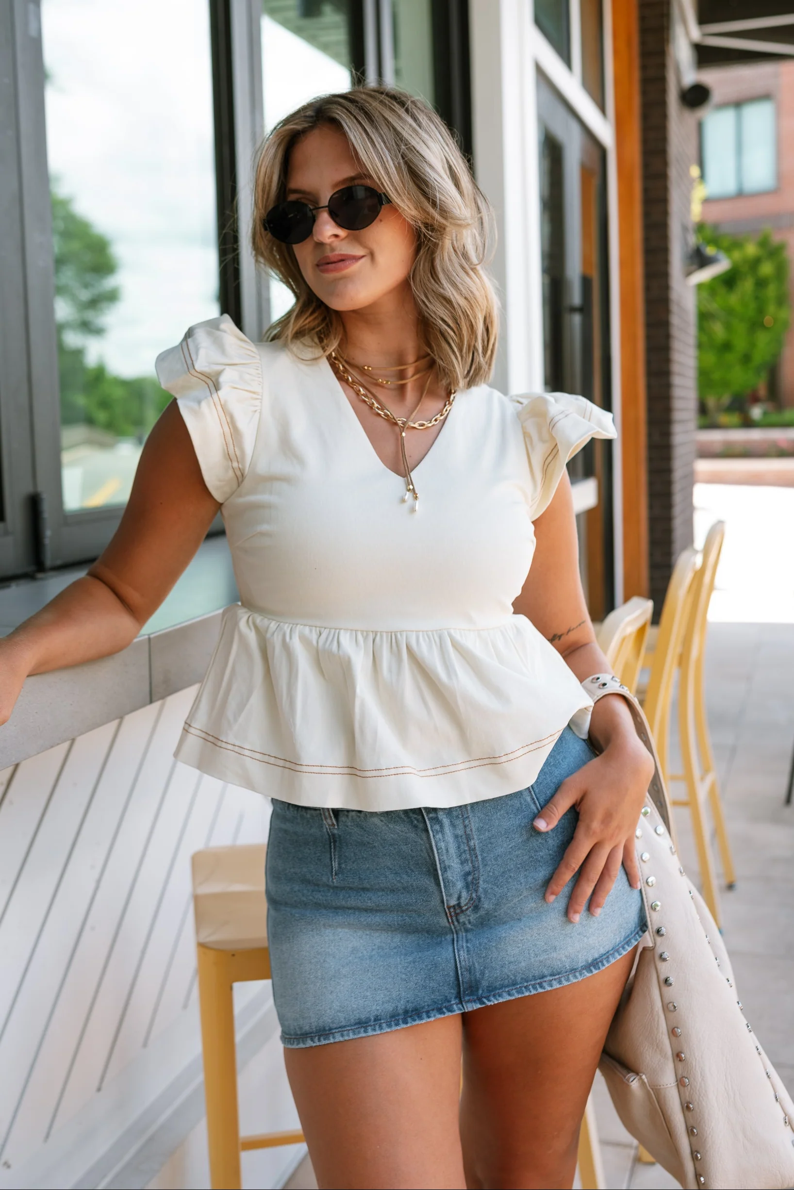 Tory Cream Denim Ruffled Peplum Top