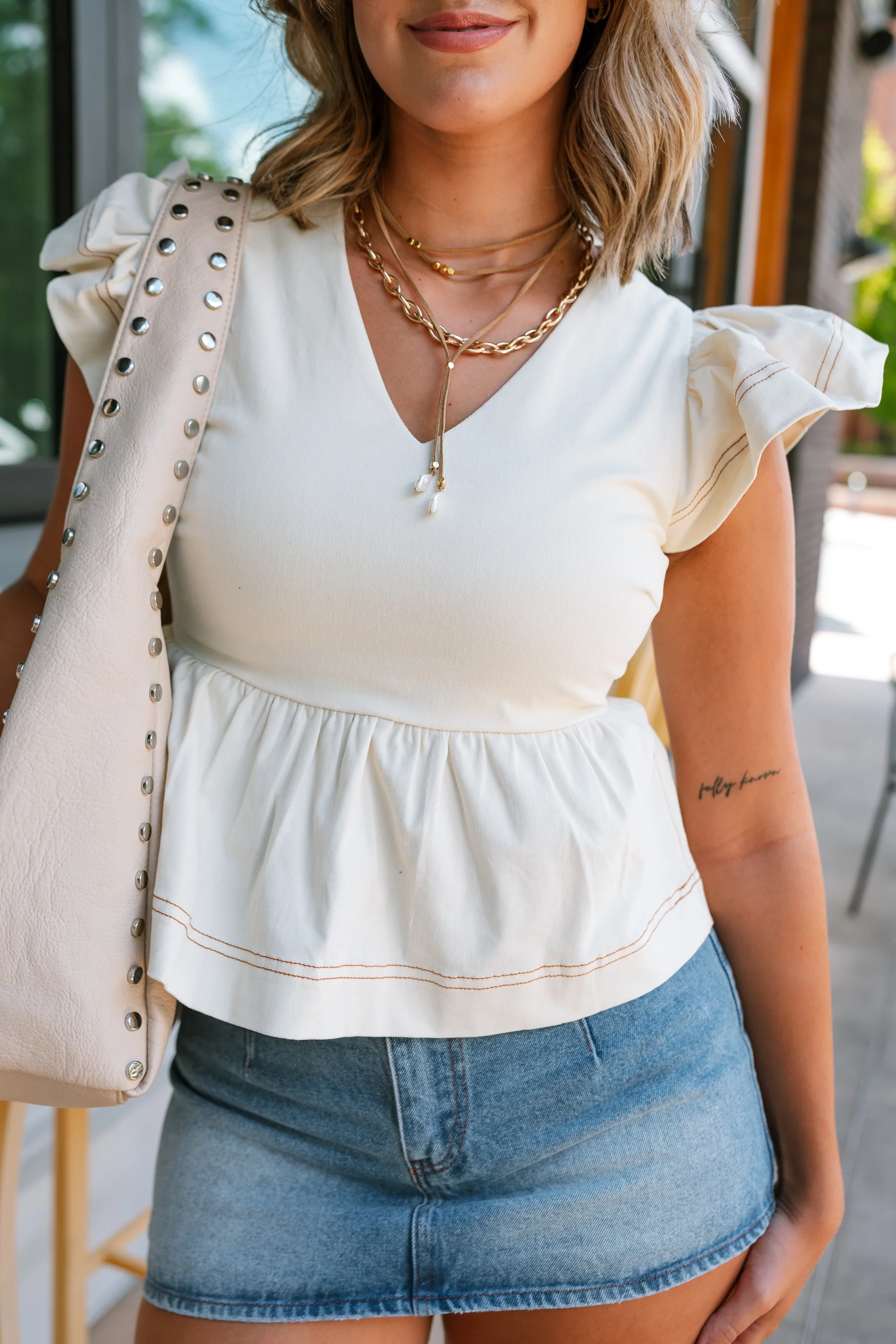 Tory Cream Denim Ruffled Peplum Top - Image 3