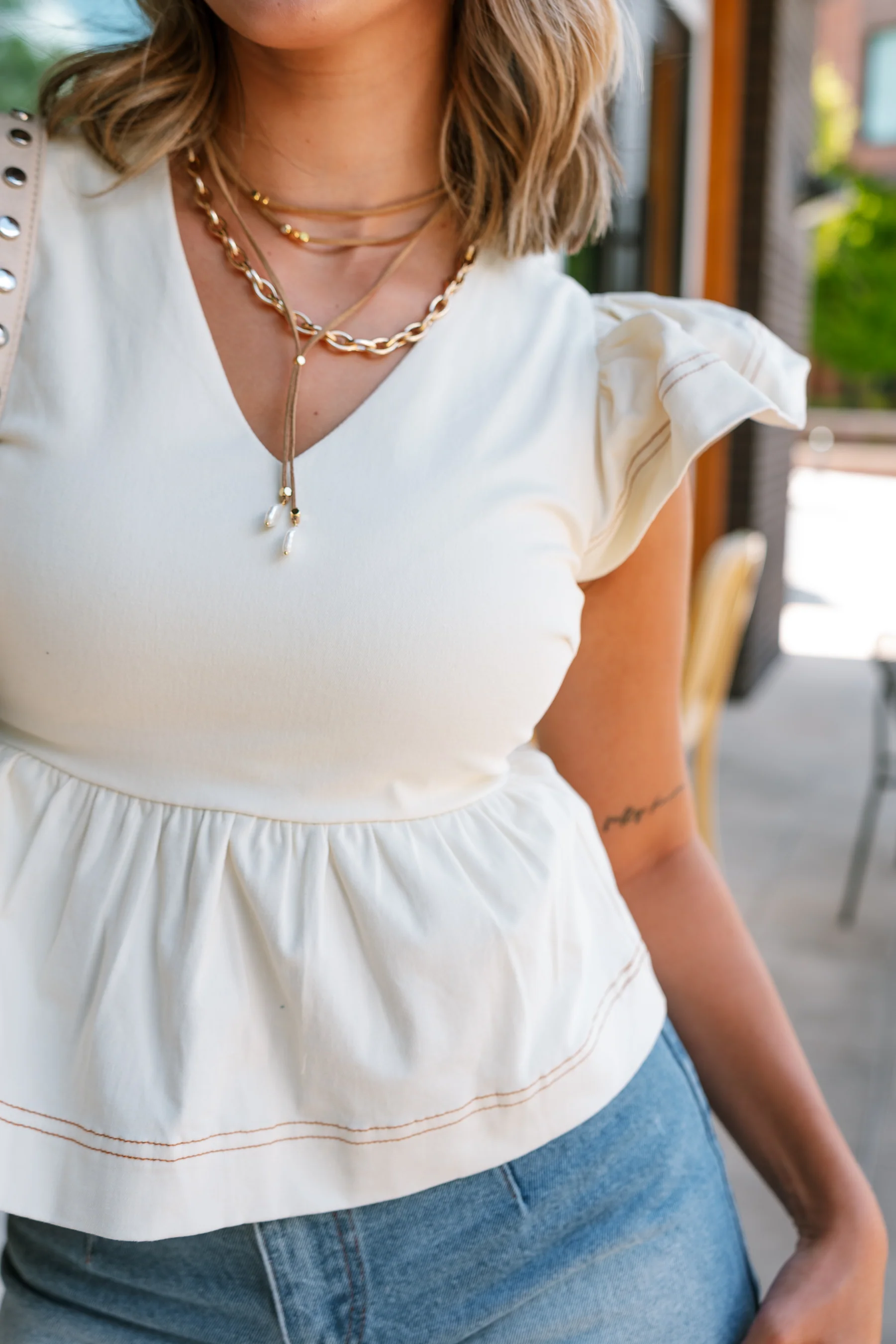 Tory Cream Denim Ruffled Peplum Top - Image 4