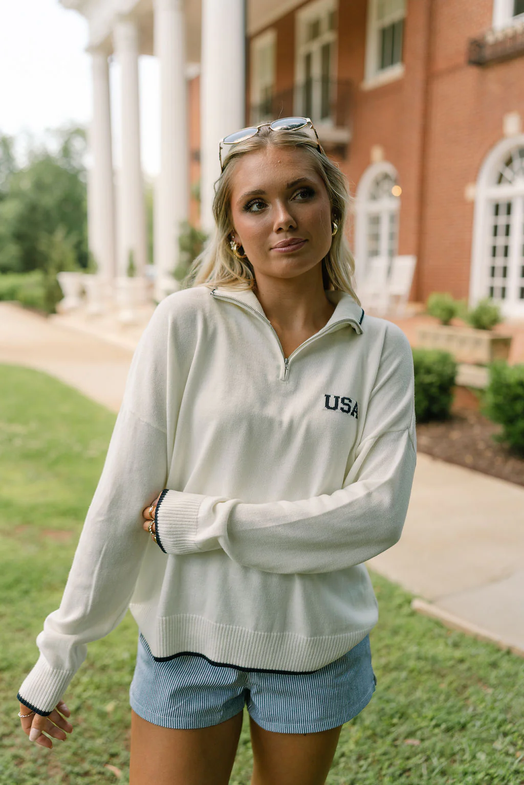 USA Flag Cream Quarter Zip Sweater - Image 6