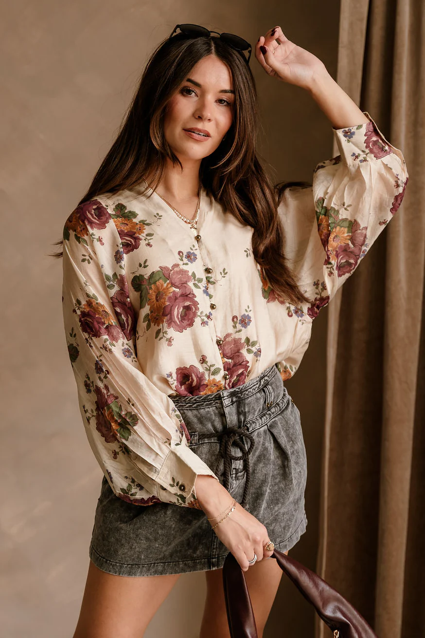 Valencia Cream Multi Floral Long Sleeve Top