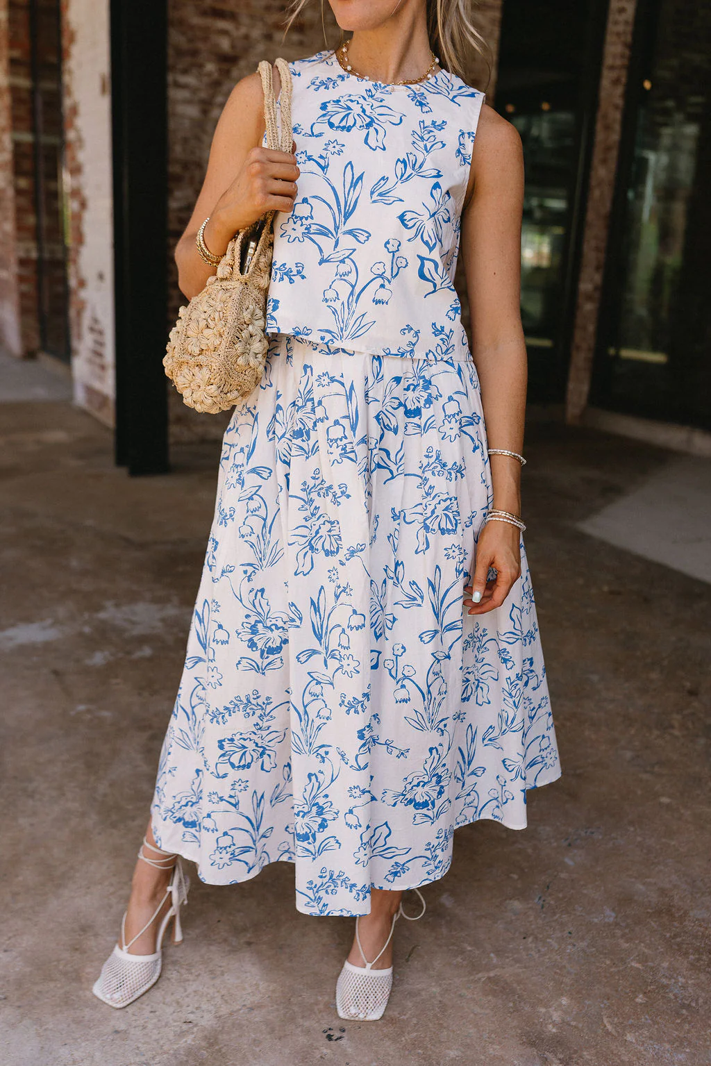 Valeria Cream & Blue Floral Midi Skirt