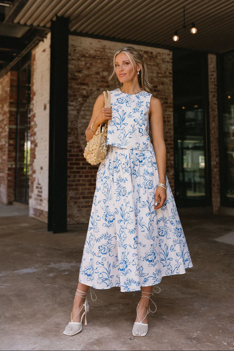Valeria Cream & Blue Floral Midi Skirt - Image 2