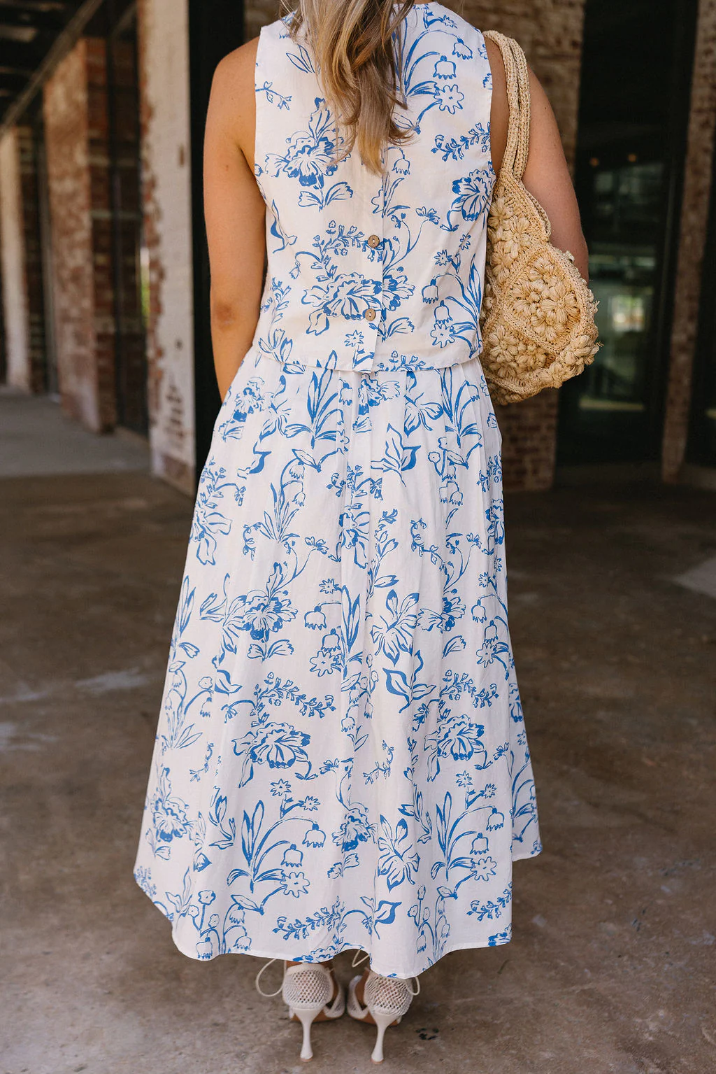 Valeria Cream & Blue Floral Midi Skirt - Image 4