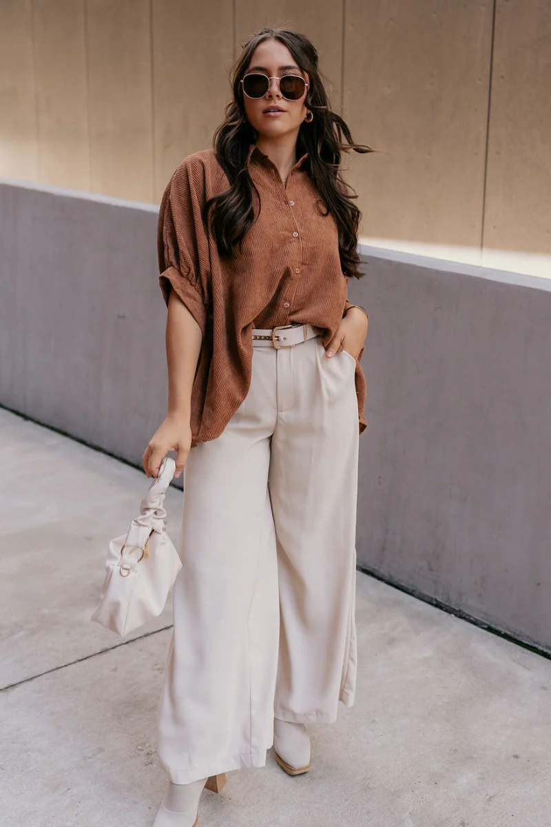 Valerie Camel Corduroy Short Sleeve Top - Image 2