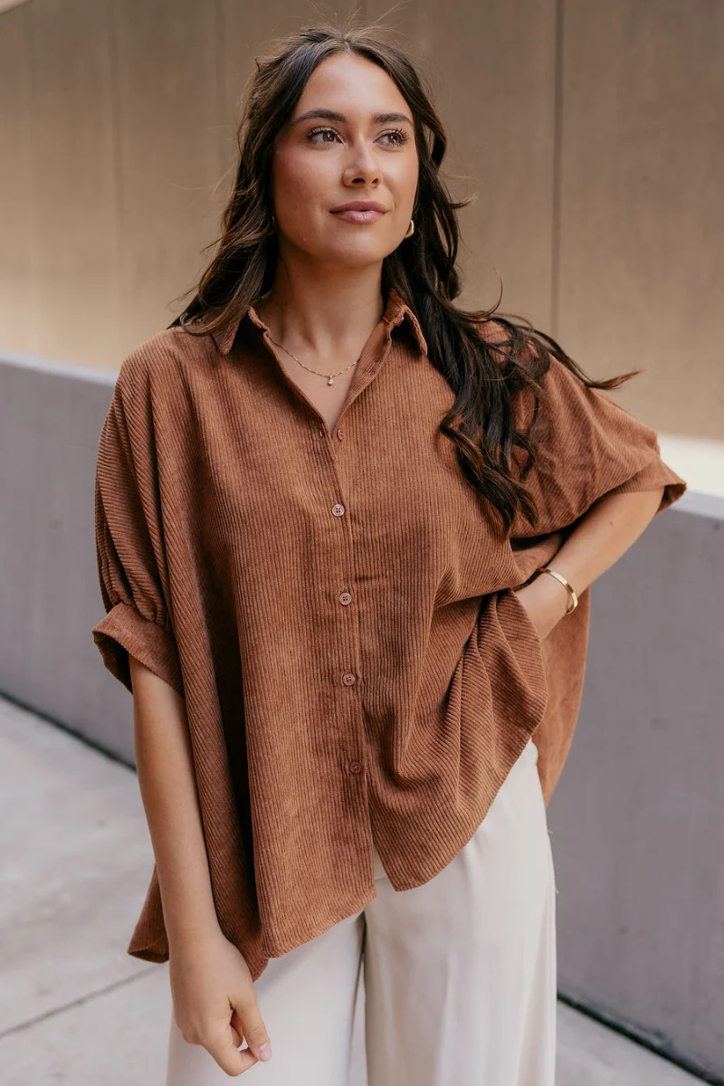 Valerie Camel Corduroy Short Sleeve Top - Image 4