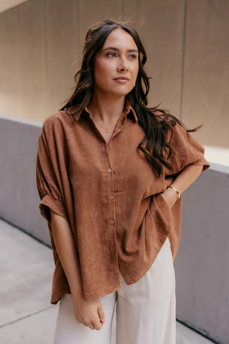 Valerie Camel Corduroy Short Sleeve Top - Image 5