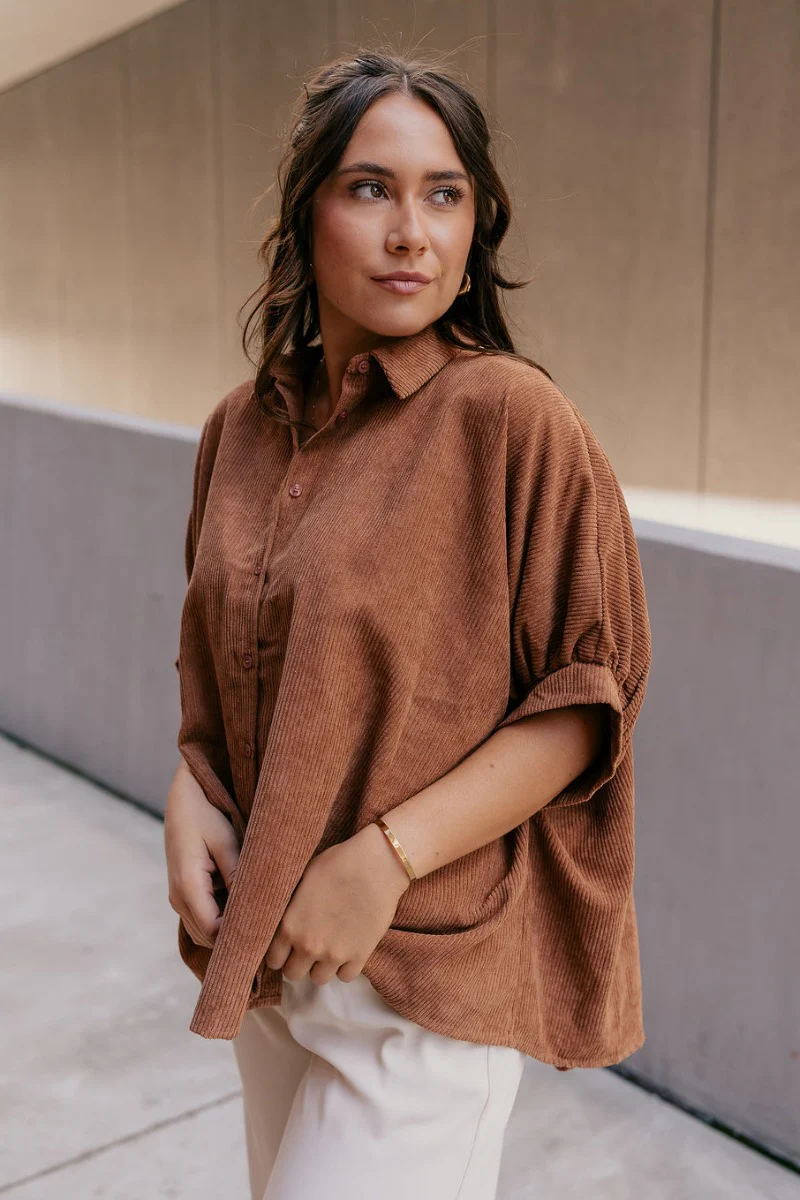 Valerie Camel Corduroy Short Sleeve Top - Image 6
