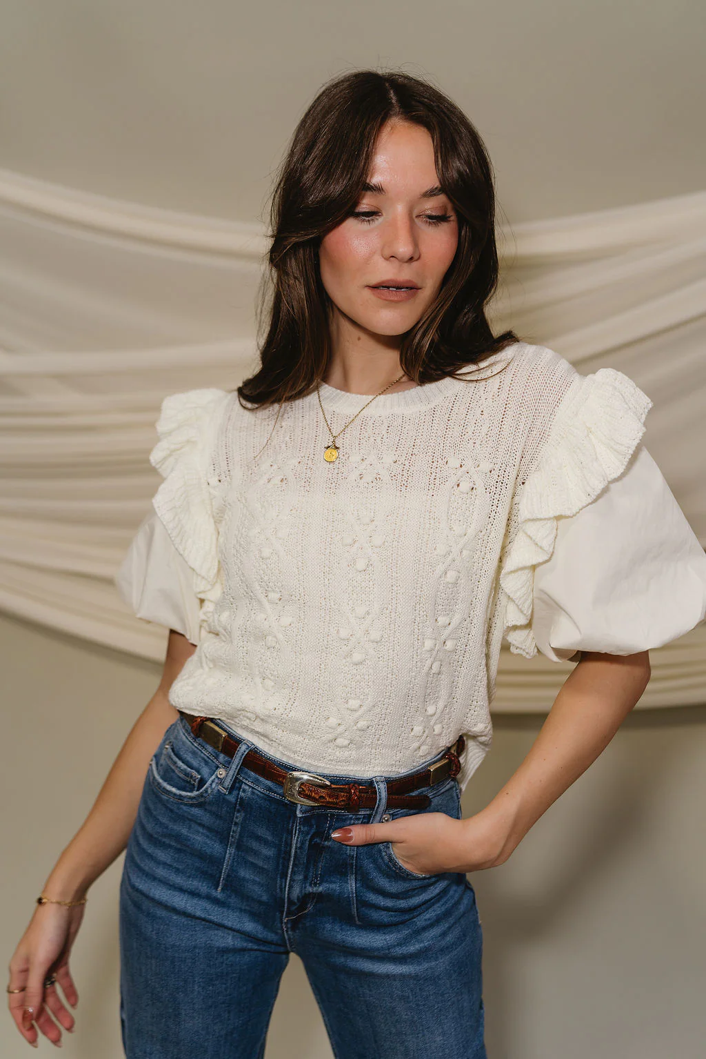 Vaness Cream Short Puff Sleeve Top - Image 2