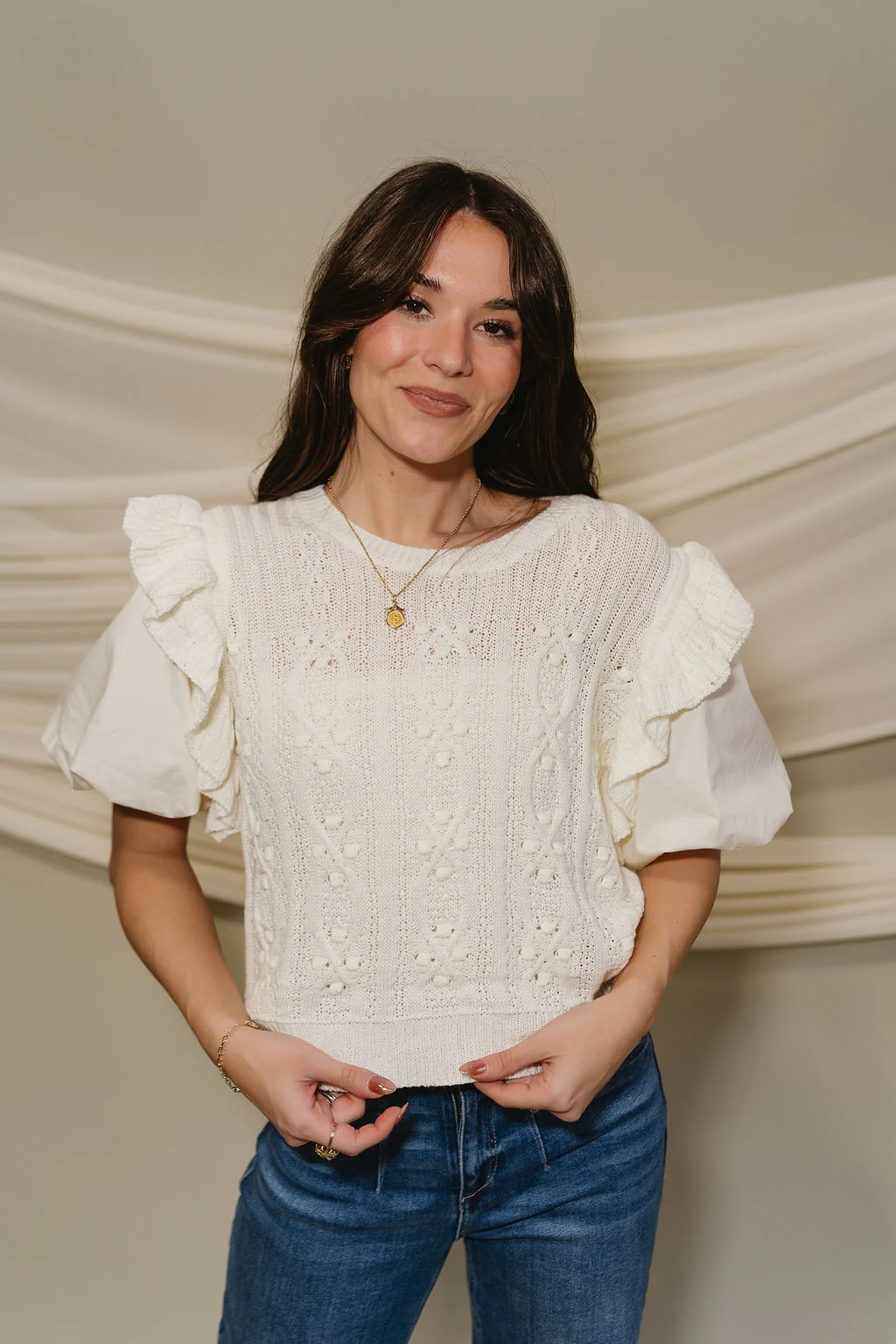 Vaness Cream Short Puff Sleeve Top - Image 6