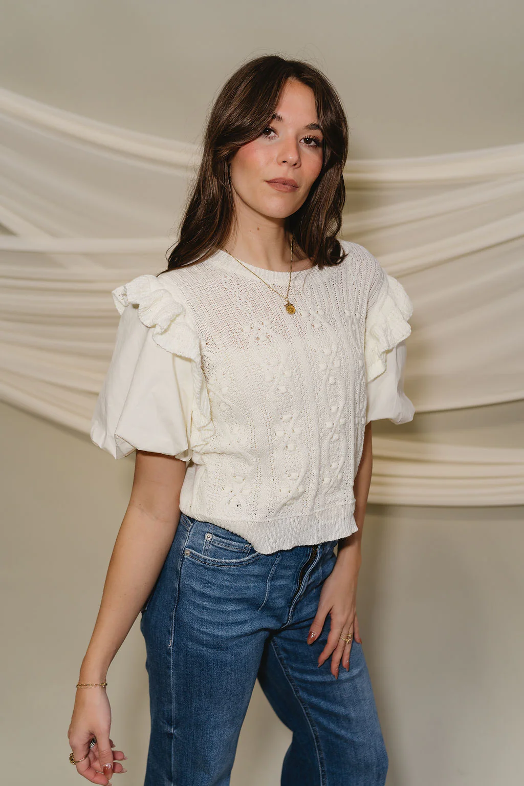 Vaness Cream Short Puff Sleeve Top - Image 7