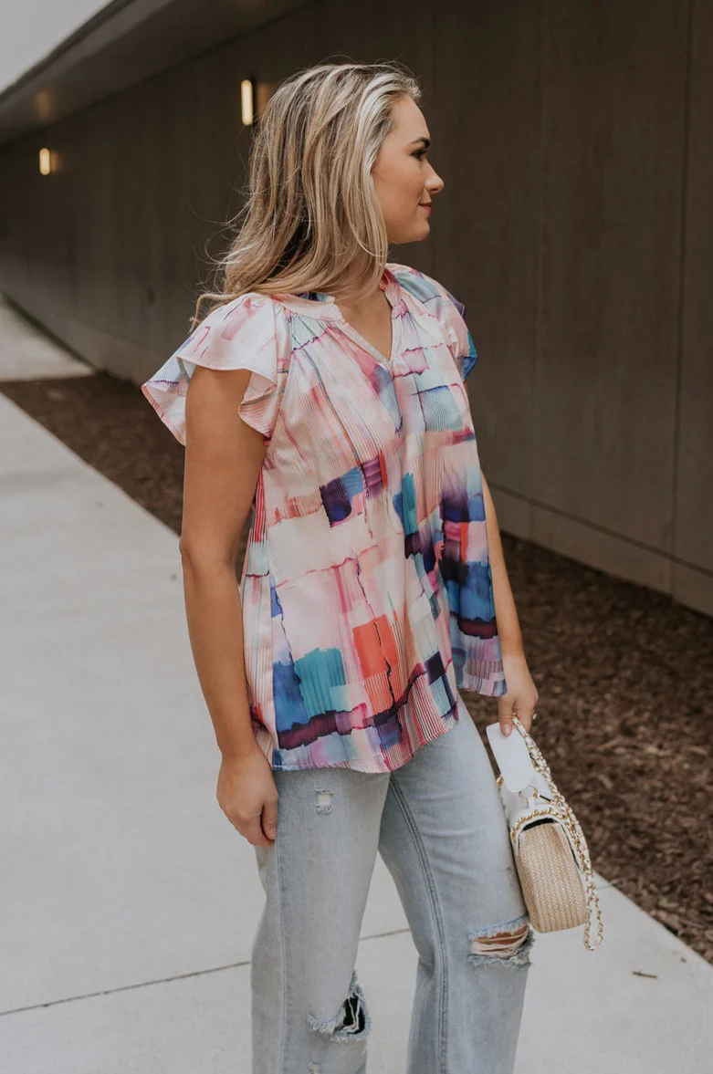 Vanessa Watercolor Multi Short Sleeve Top - Image 5