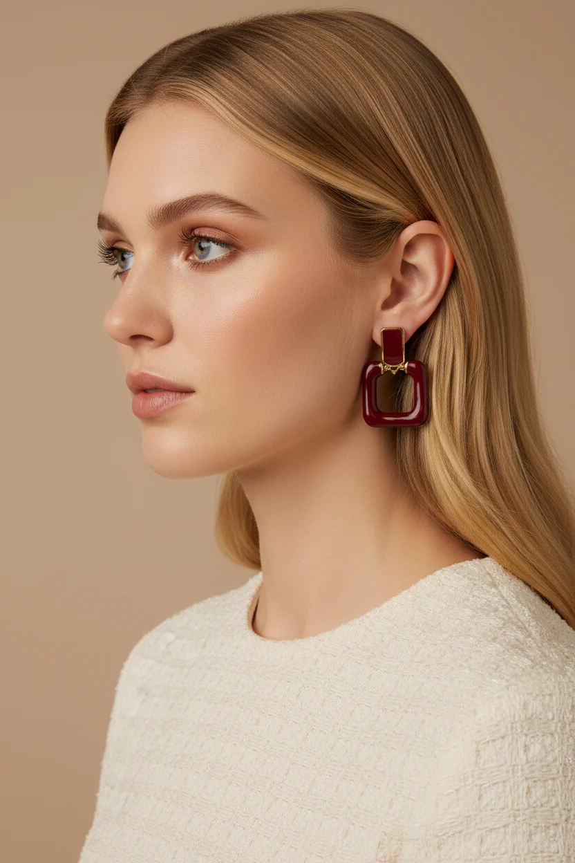 Vera Burgundy & Gold Square Dangle Earring