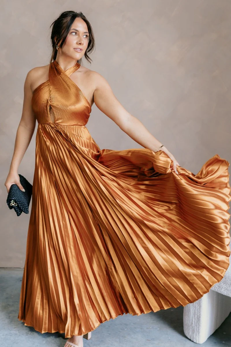 Verona Gold Pleated Satin Maxi Dress