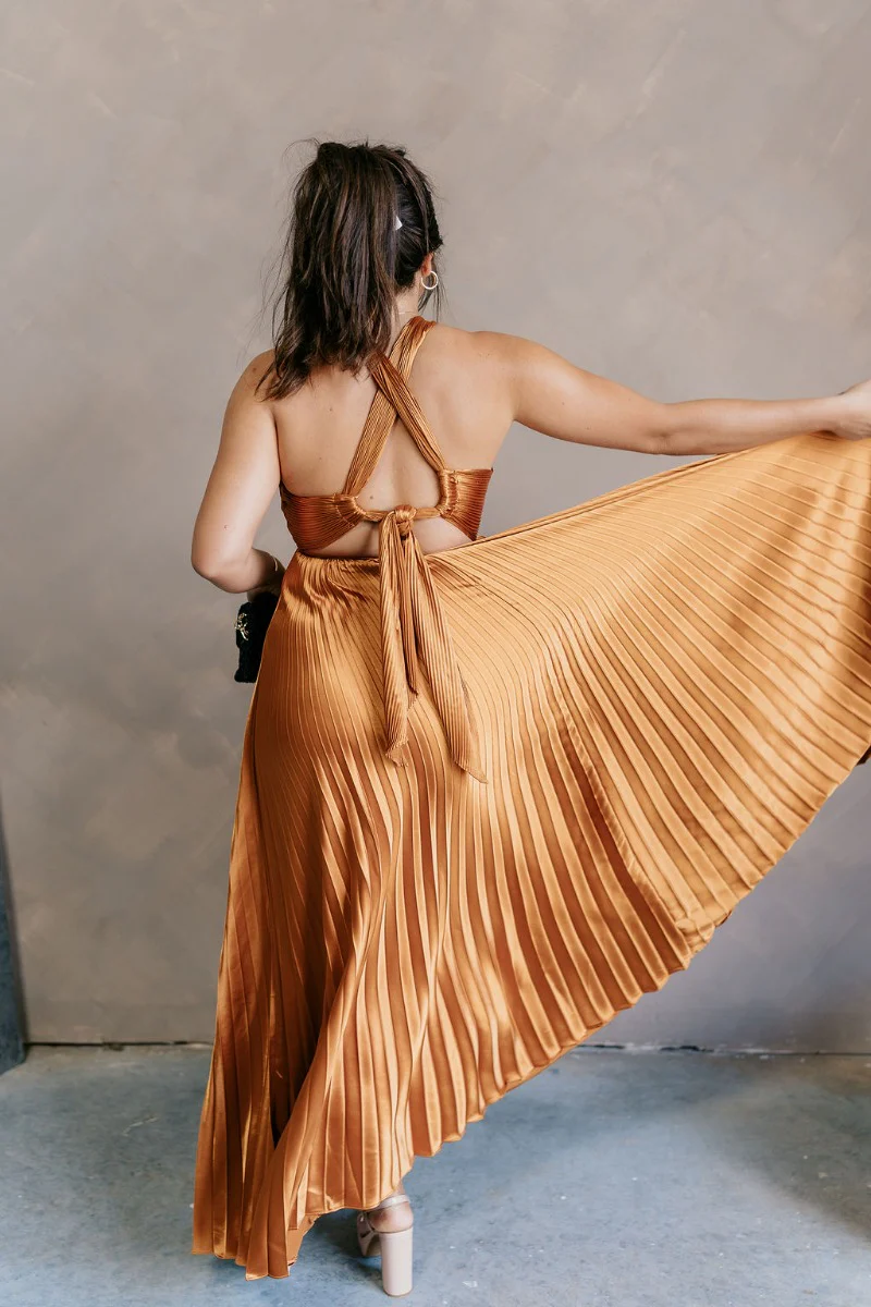 Verona Gold Pleated Satin Maxi Dress - Image 6