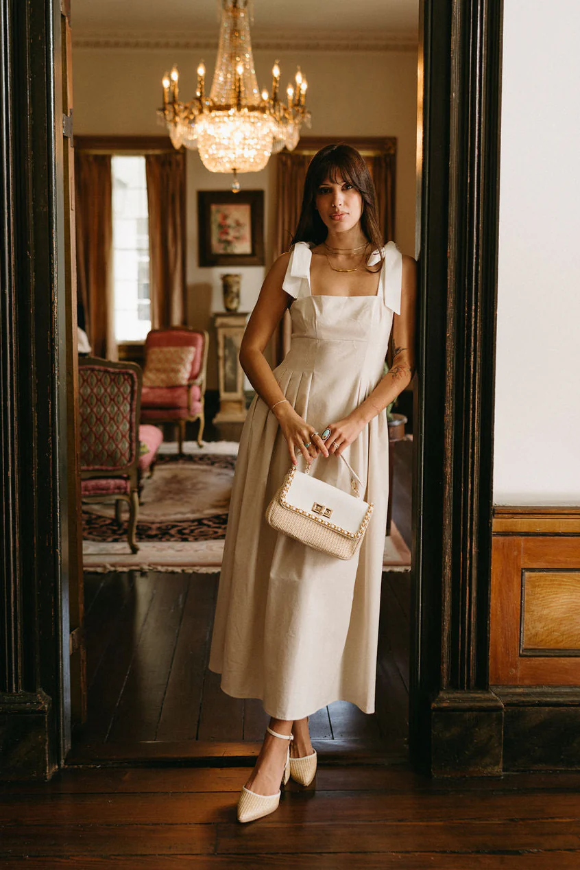 Victoria Oatmeal & White Linen Midi Dress