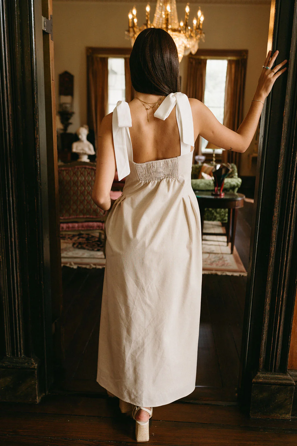 Victoria Oatmeal & White Linen Midi Dress - Image 10
